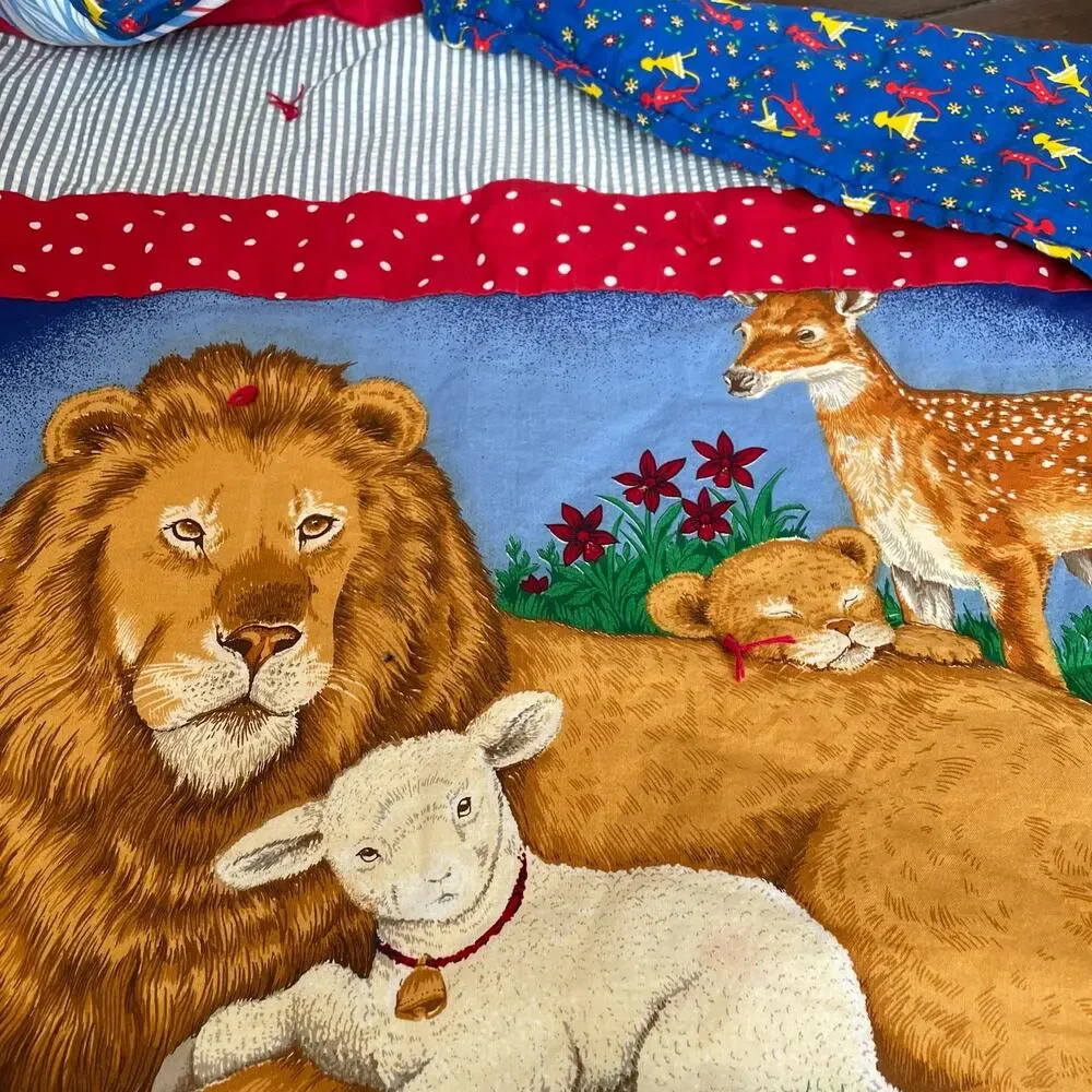 Handmade Patchwork Baby Blanket Bible Theme Lamb Lion Comforter Animals OOAK